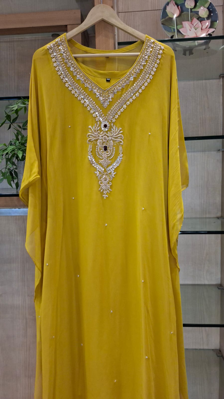 Burnt Orange & Mustard Yellow Handcrafted Georgette Kaftan - J.BEHARI