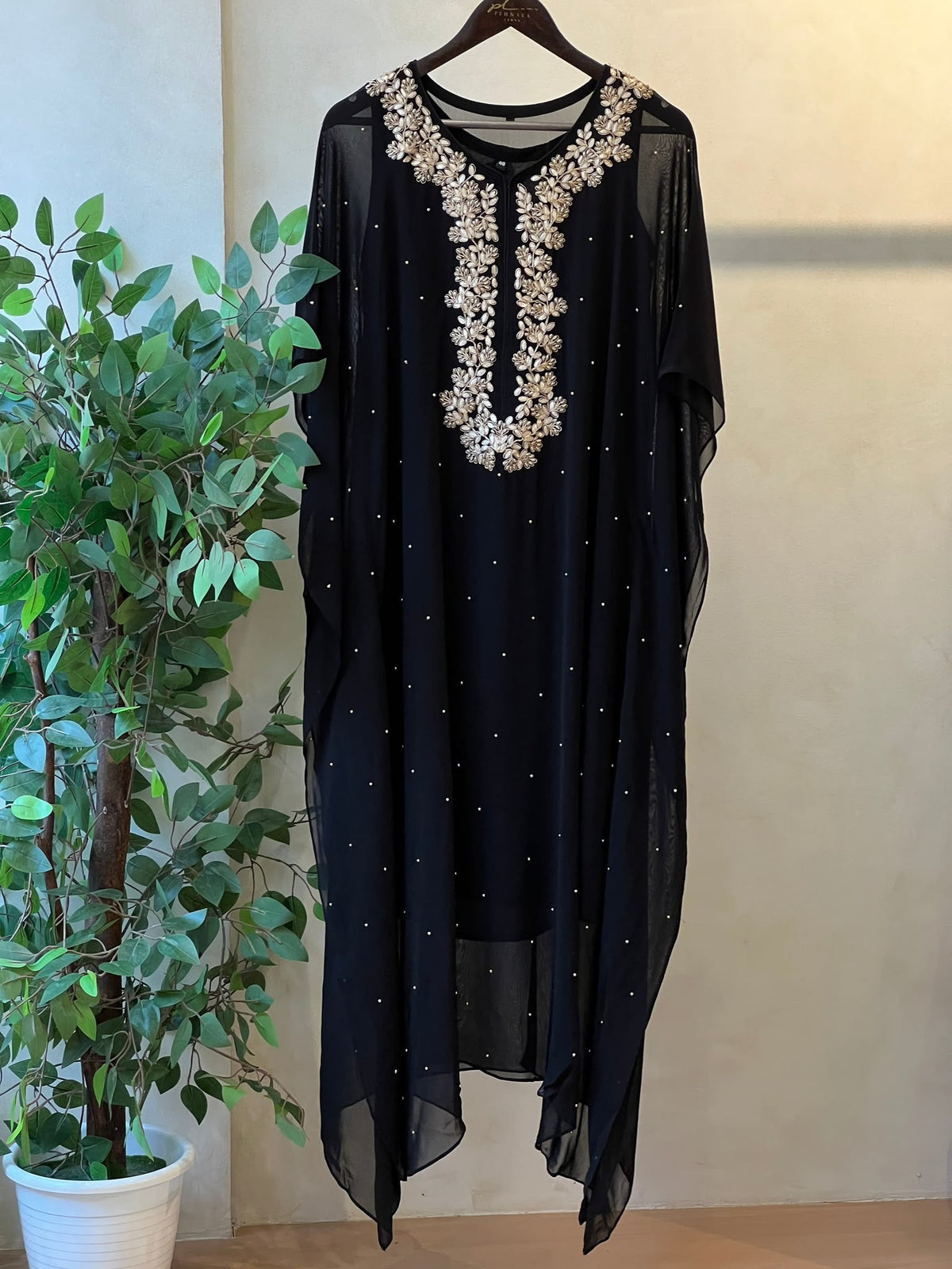 Elegant Black Pearl Embellished Kaftan - J.BEHARI