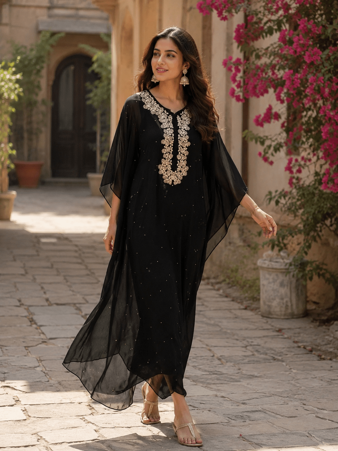 Elegant Black Pearl Embellished Kaftan - J.BEHARI