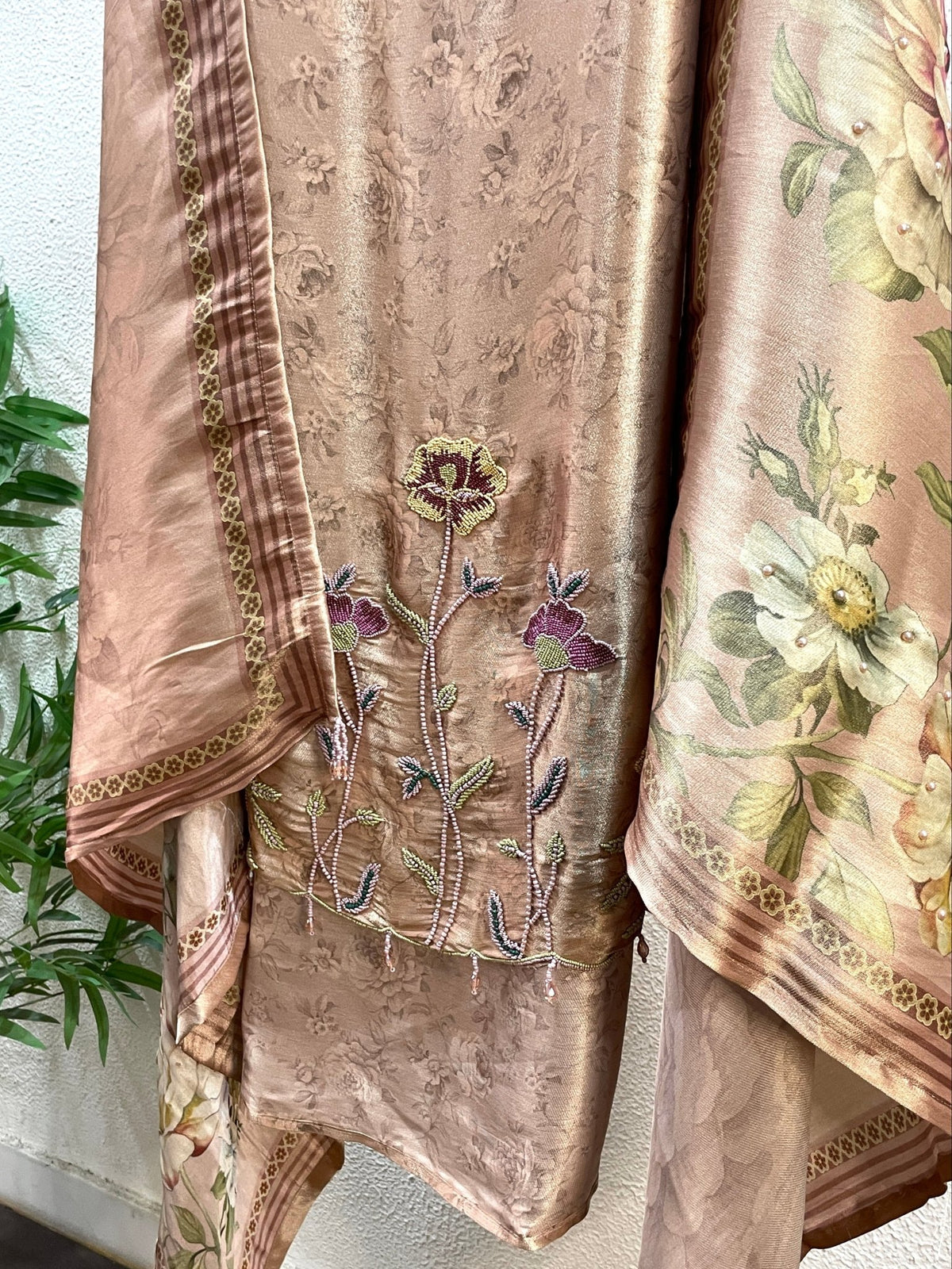Floral Motif Silk Unstitched Suit Set - J.BEHARI