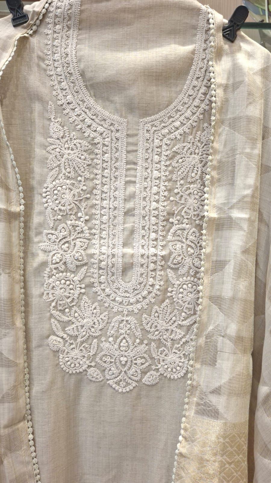 Graceful Beige Cotton Suit with Fine Thread Embroidery - J.BEHARI