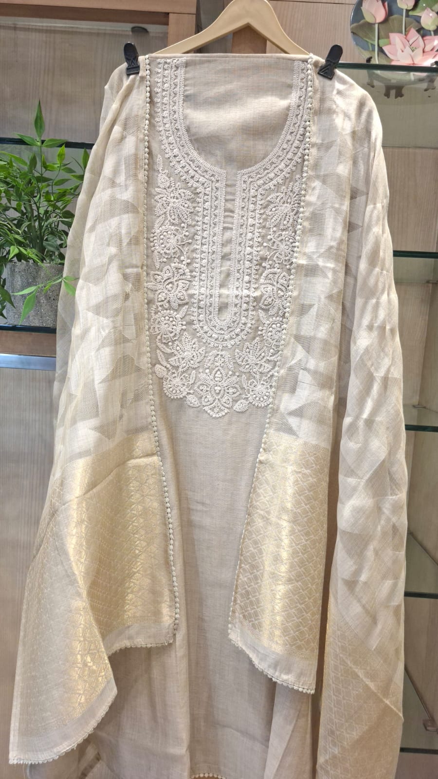Graceful Beige Cotton Suit with Fine Thread Embroidery - J.BEHARI
