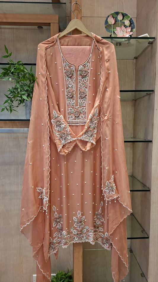 j behari Handcrafted Embroidered Soft Organza Semi-Stitched Suit Set - J.BEHARI
