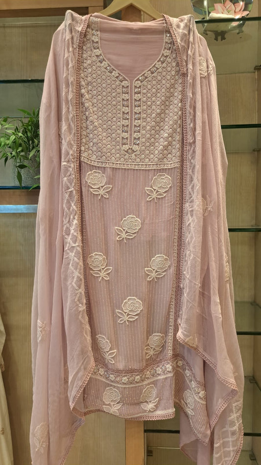 Lucknowi chikankari Unstitched Suit Set 3 - J.BEHARI