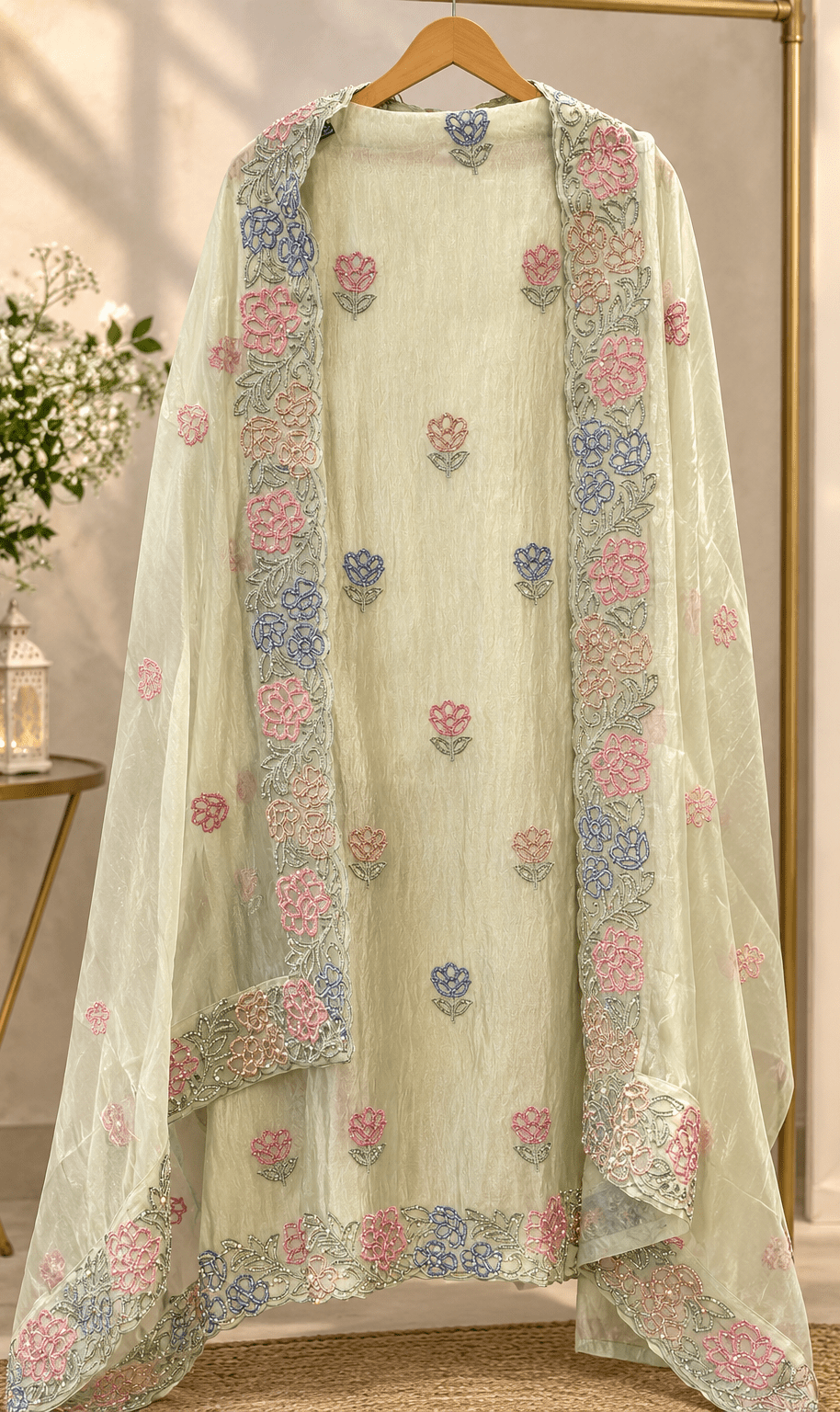Pastel Bloom Crush Tissue Unstitched Suit Set - J.BEHARI