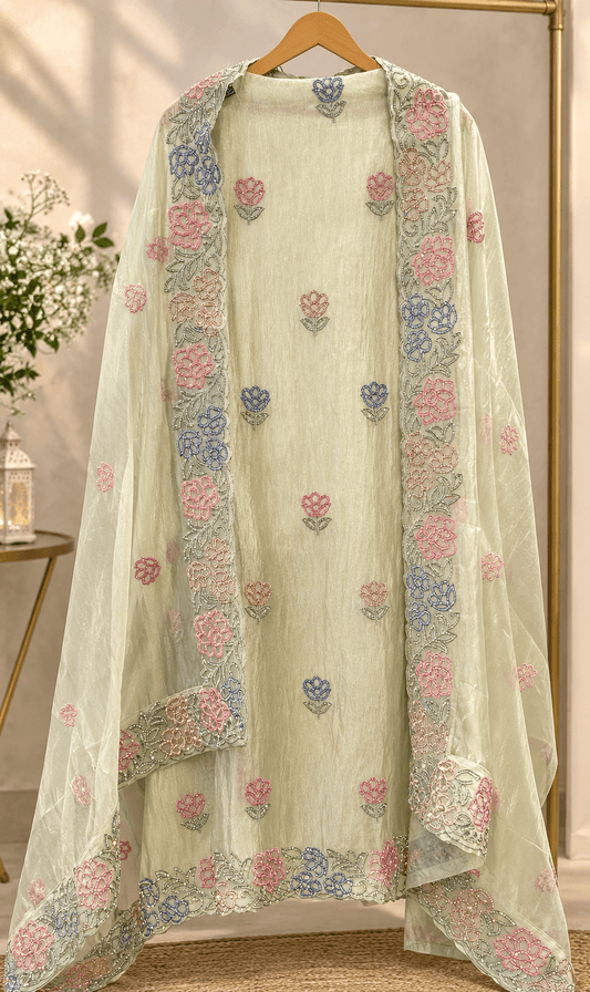 Pastel Bloom Crush Tissue Unstitched Suit Set - J.BEHARI