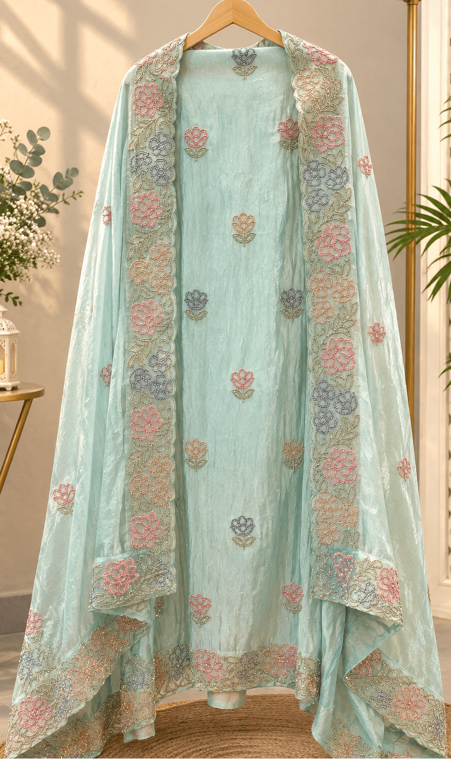 Pastel Bloom Crush Tissue Unstitched Suit Set - J.BEHARI