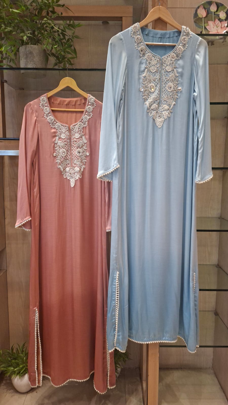 Premium Satin Long Kurta with Fine Thread Embroidery (Rose & Blue) - J.BEHARI