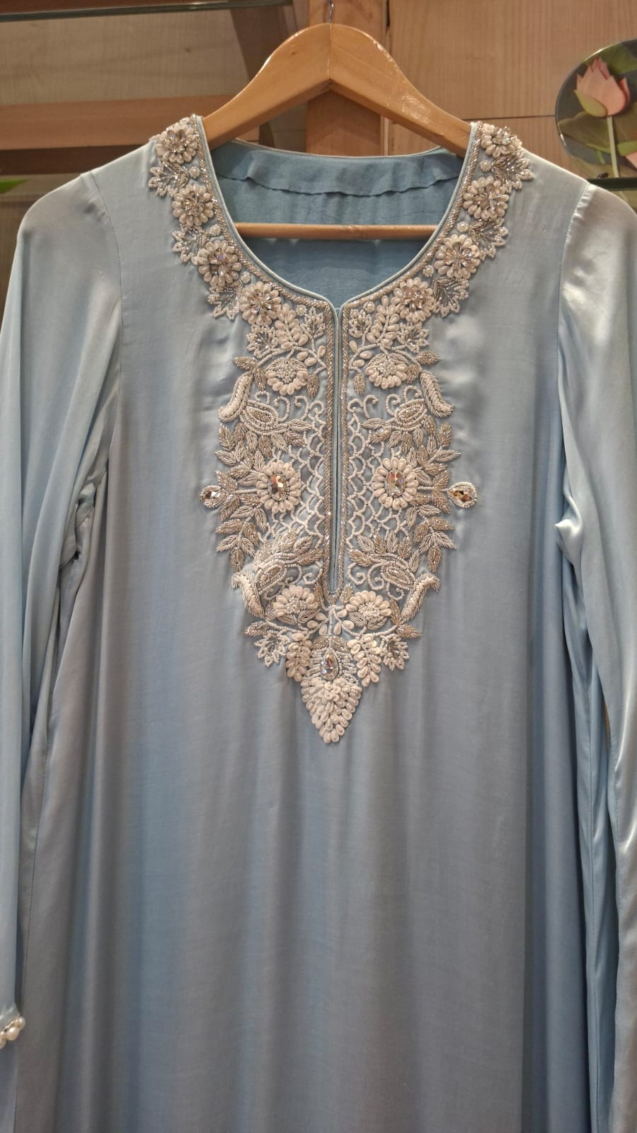 Premium Satin Long Kurta with Fine Thread Embroidery (Rose & Blue) - J.BEHARI