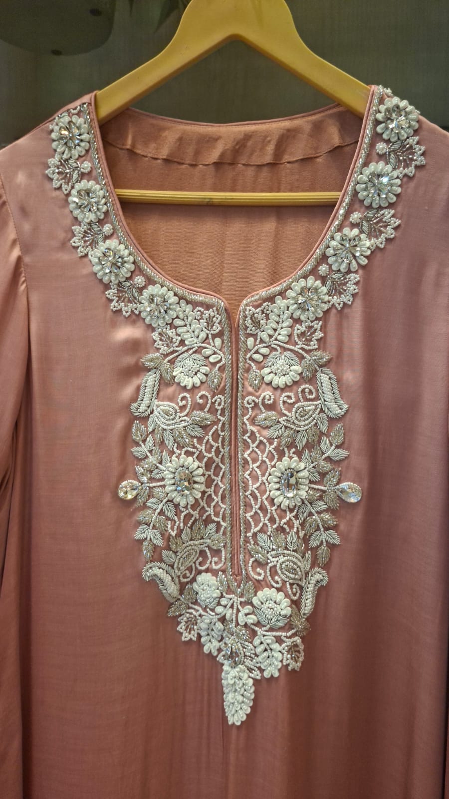 Premium Satin Long Kurta with Fine Thread Embroidery (Rose & Blue) - J.BEHARI
