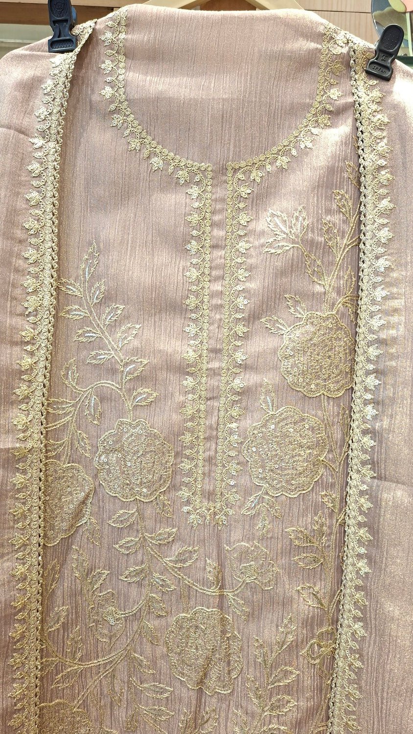 Premium Unstitched soft tissue Suit with Fine Thread Embroidery (Mauve, Rose Pink, Grey) - J.BEHARI