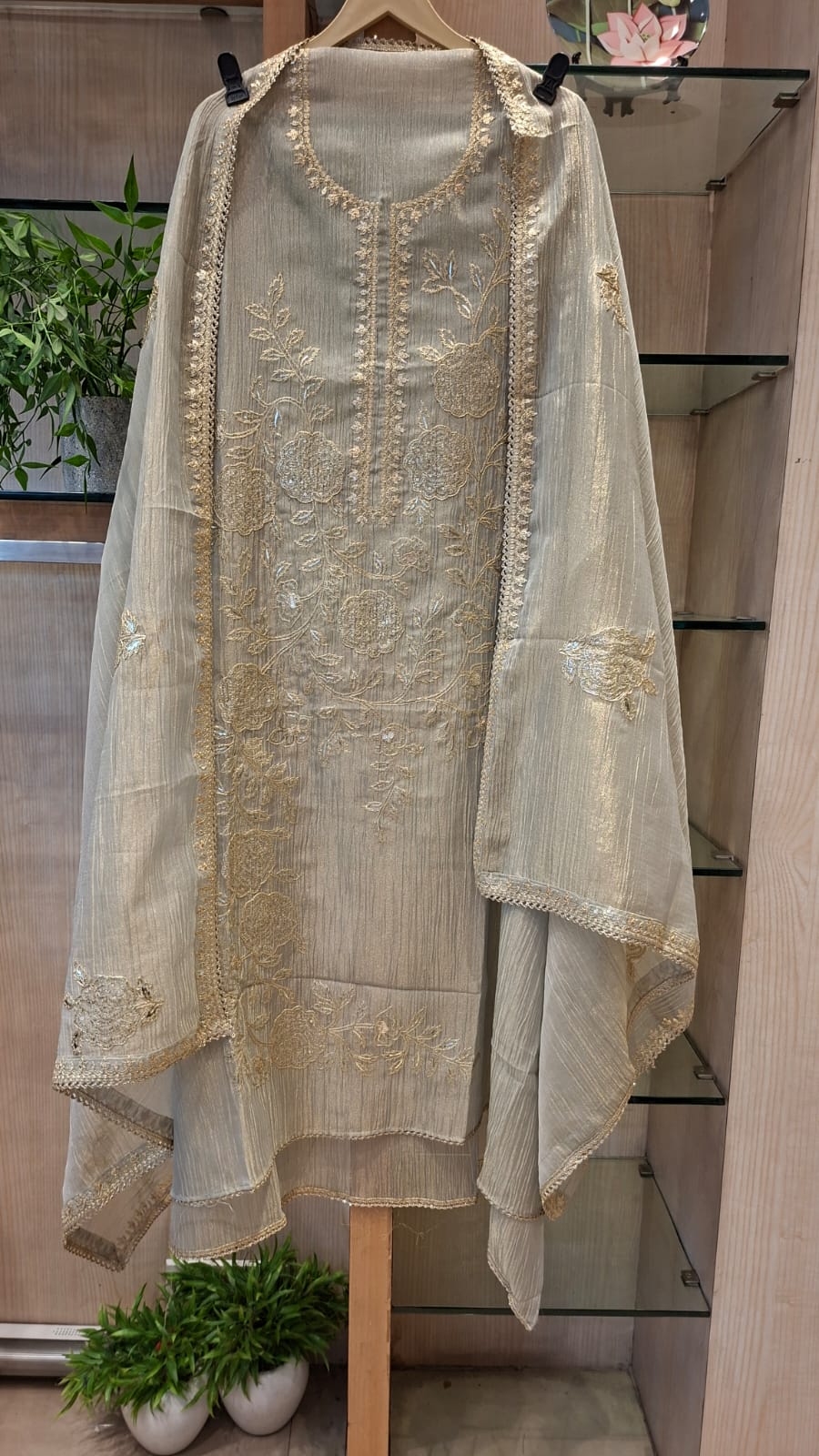 Premium Unstitched soft tissue Suit with Fine Thread Embroidery (Mauve, Rose Pink, Grey) - J.BEHARI