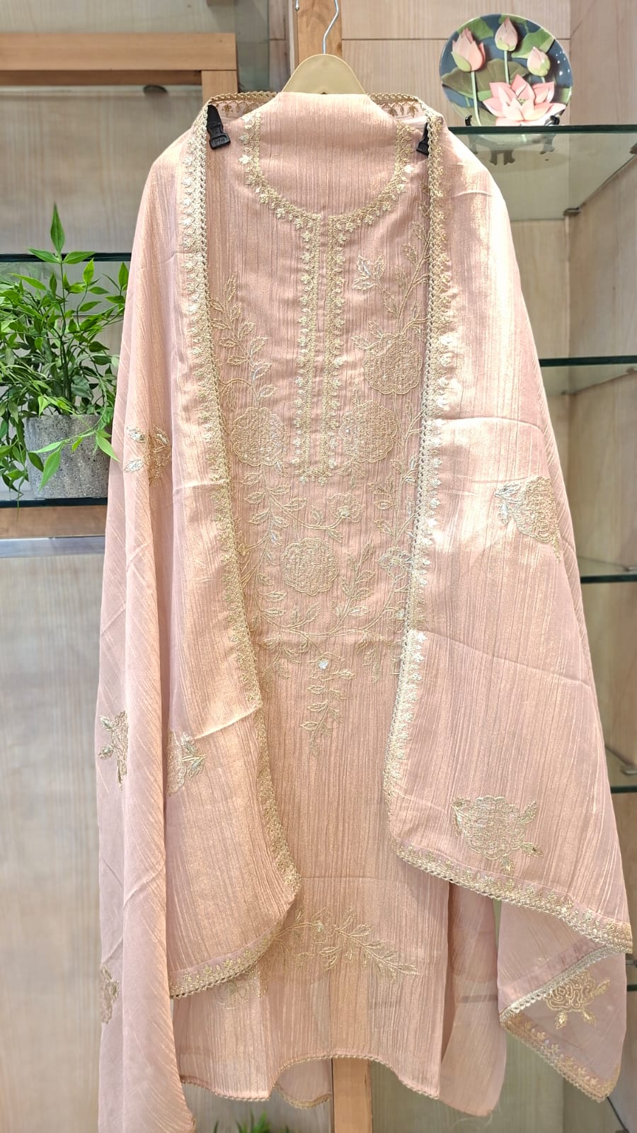 Premium Unstitched soft tissue Suit with Fine Thread Embroidery (Mauve, Rose Pink, Grey) - J.BEHARI