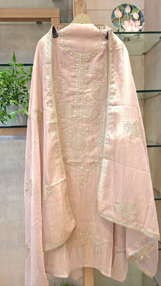 Premium Unstitched soft tissue Suit with Fine Thread Embroidery (Mauve, Rose Pink, Grey) - J.BEHARI