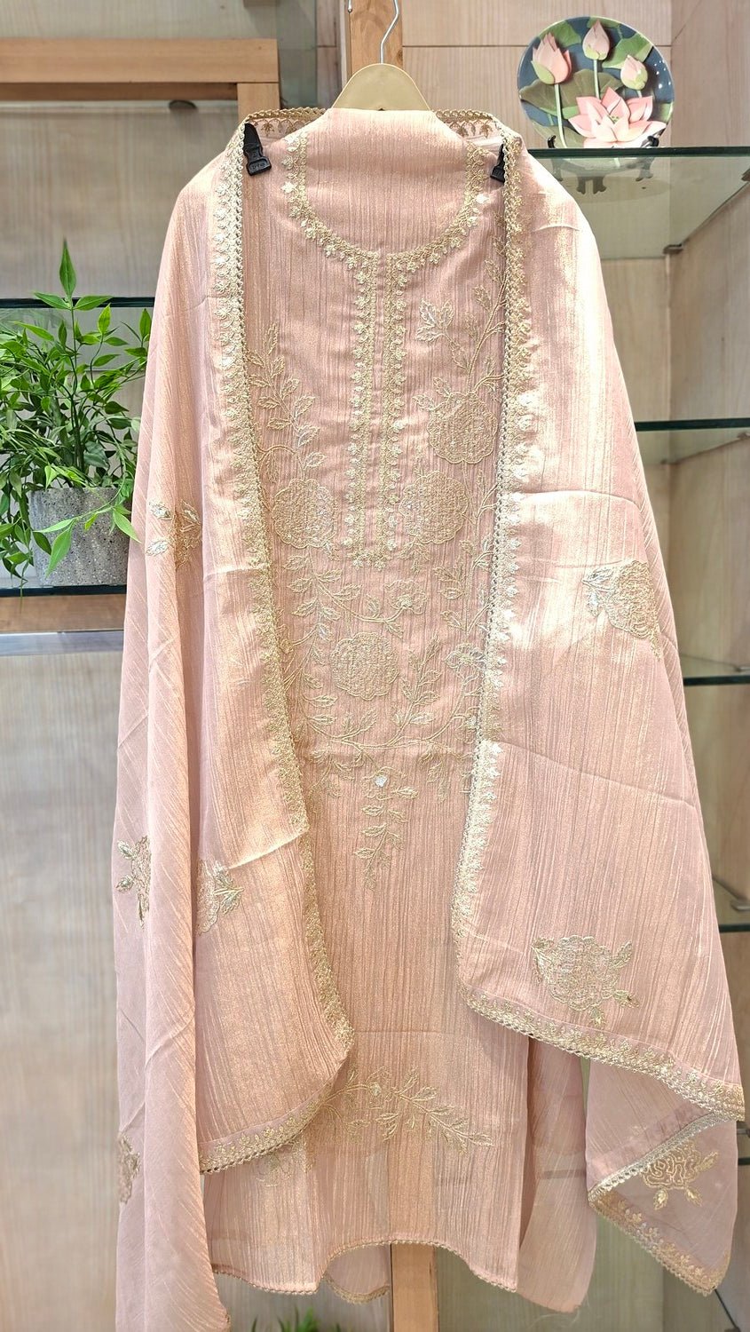 Premium Unstitched soft tissue Suit with Fine Thread Embroidery (Mauve, Rose Pink, Grey) - J.BEHARI
