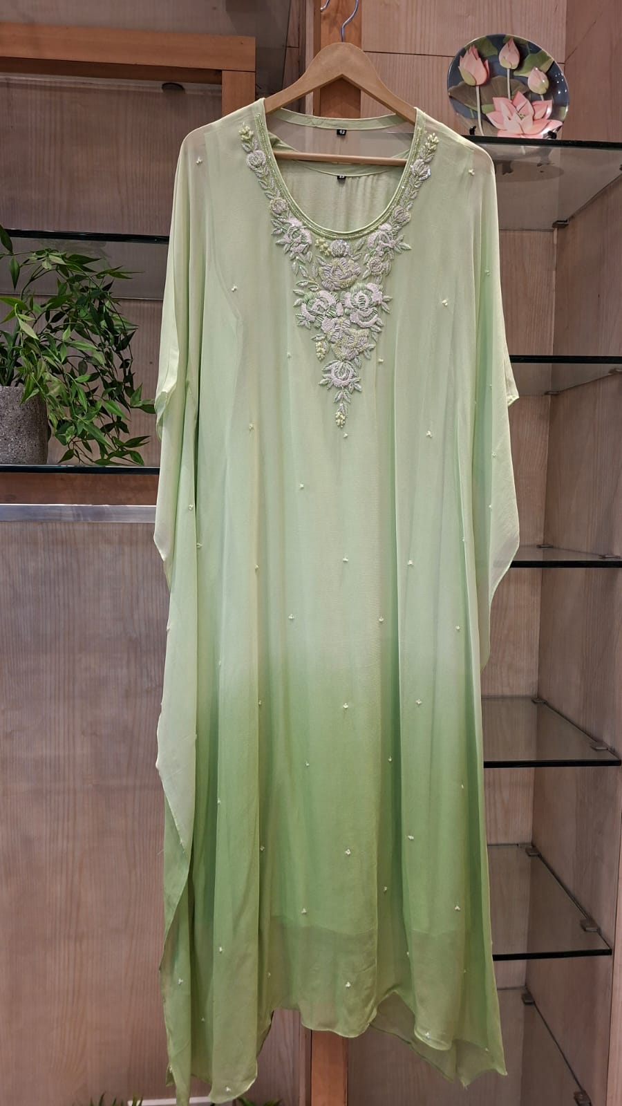 Rosé Mint Bloom Embroidered Georgette Kaftan - J.BEHARI