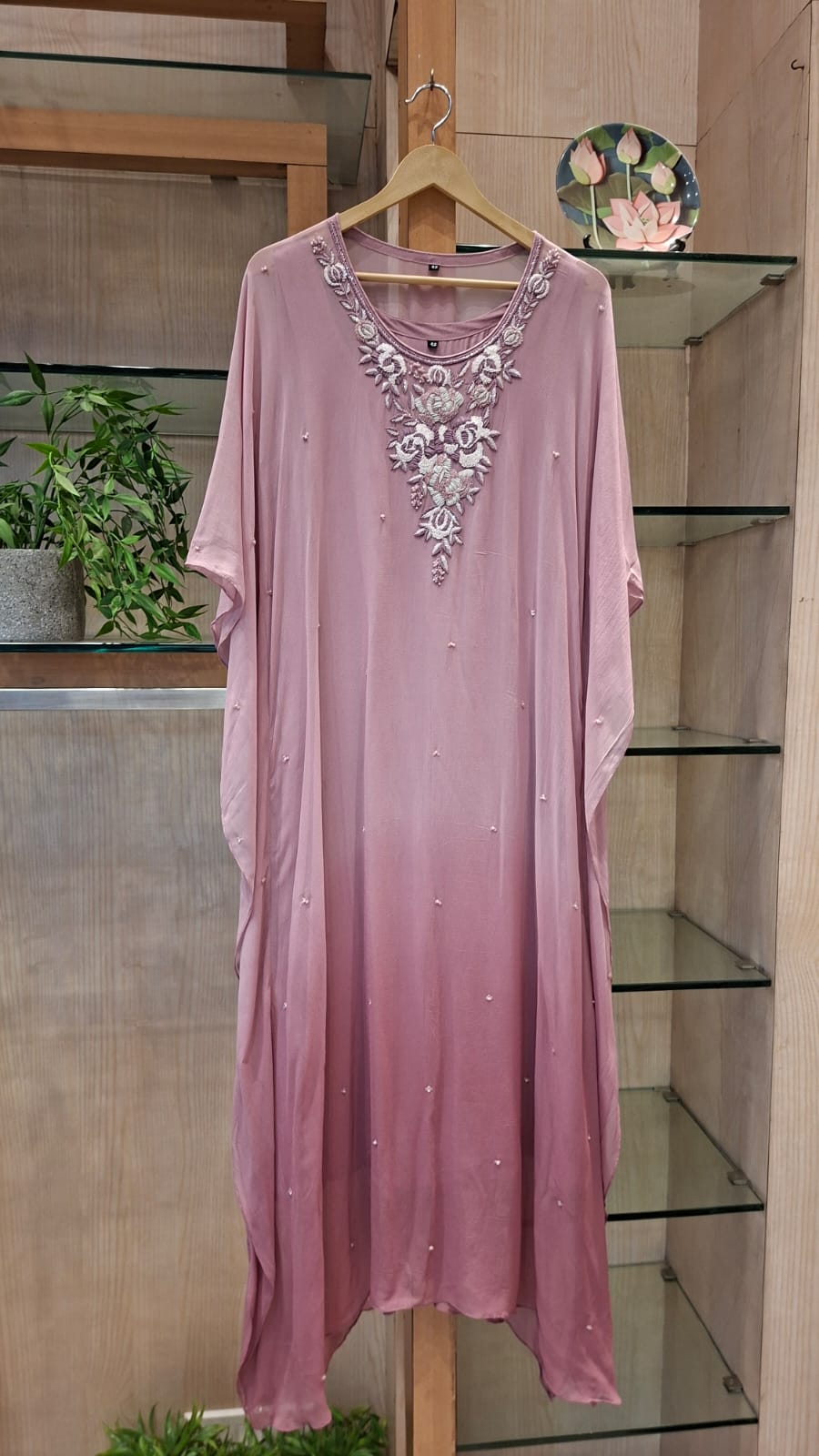 Rosé Mint Bloom Embroidered Georgette Kaftan - J.BEHARI