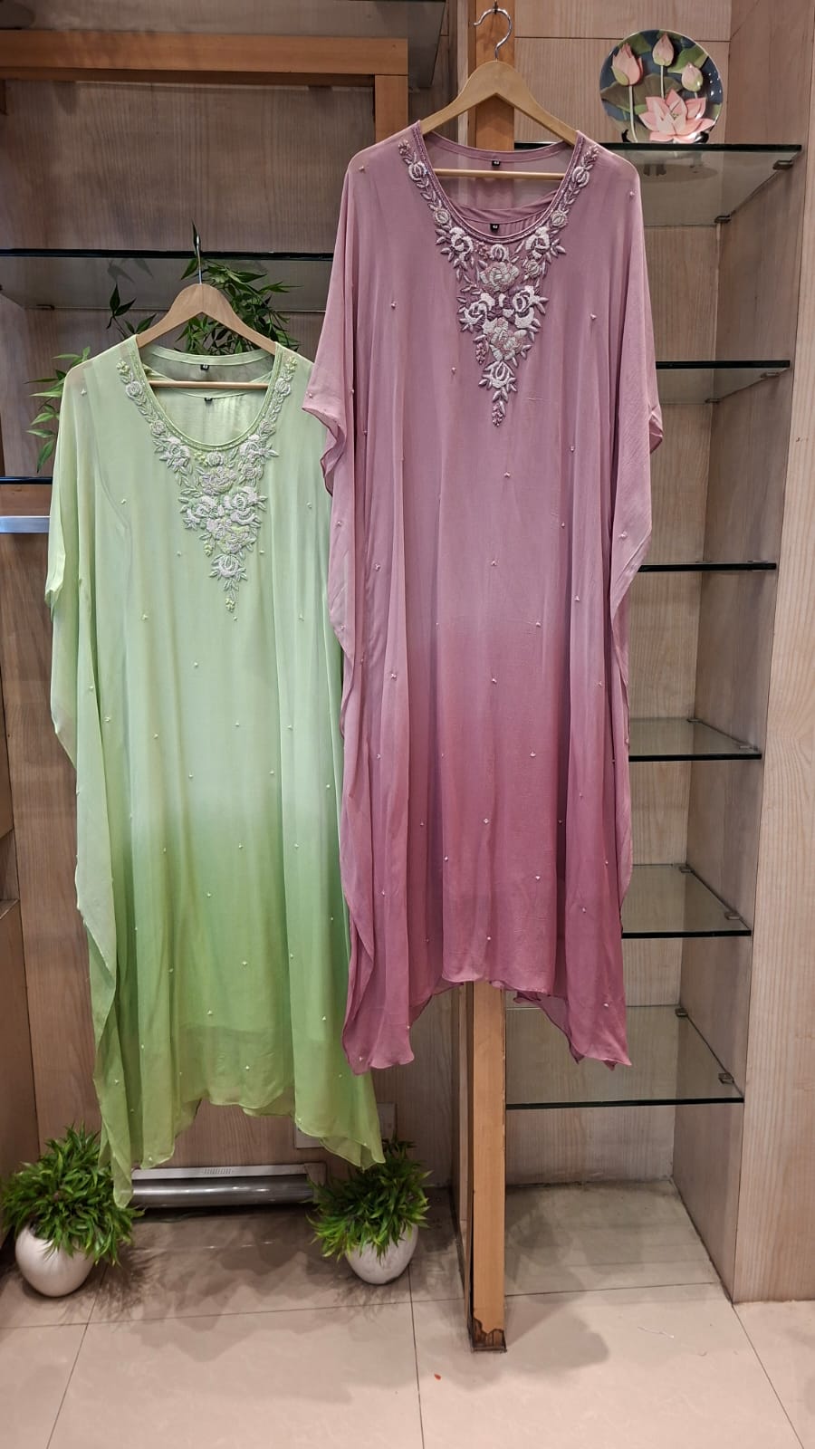 Rosé Mint Bloom Embroidered Georgette Kaftan - J.BEHARI