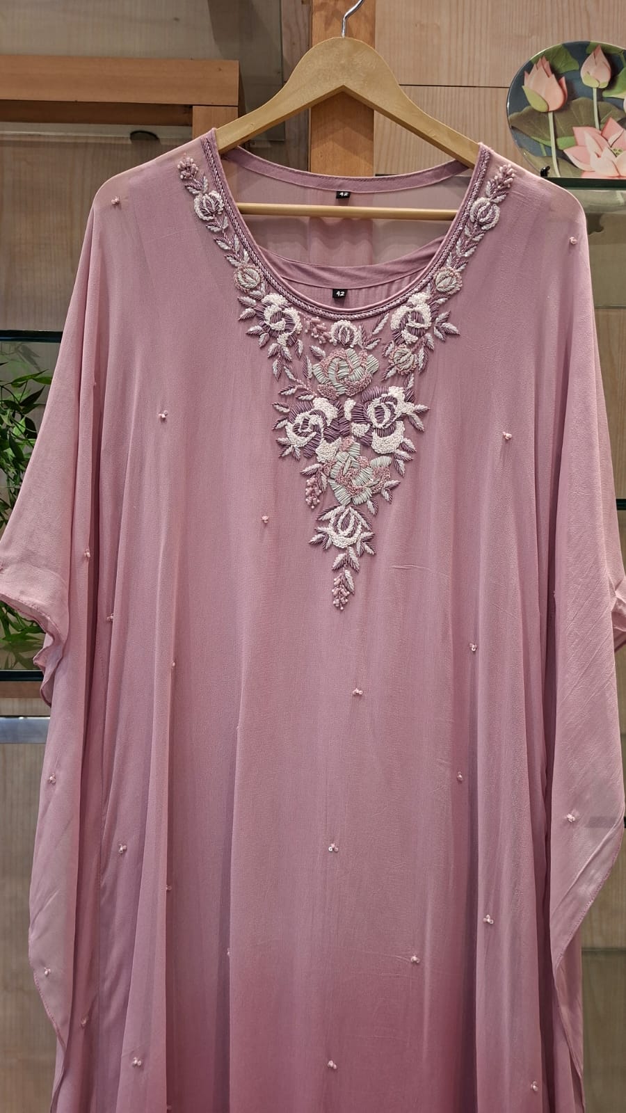 Rosé Mint Bloom Embroidered Georgette Kaftan - J.BEHARI
