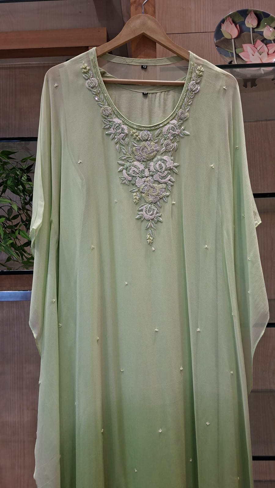 Rosé Mint Bloom Embroidered Georgette Kaftan - J.BEHARI