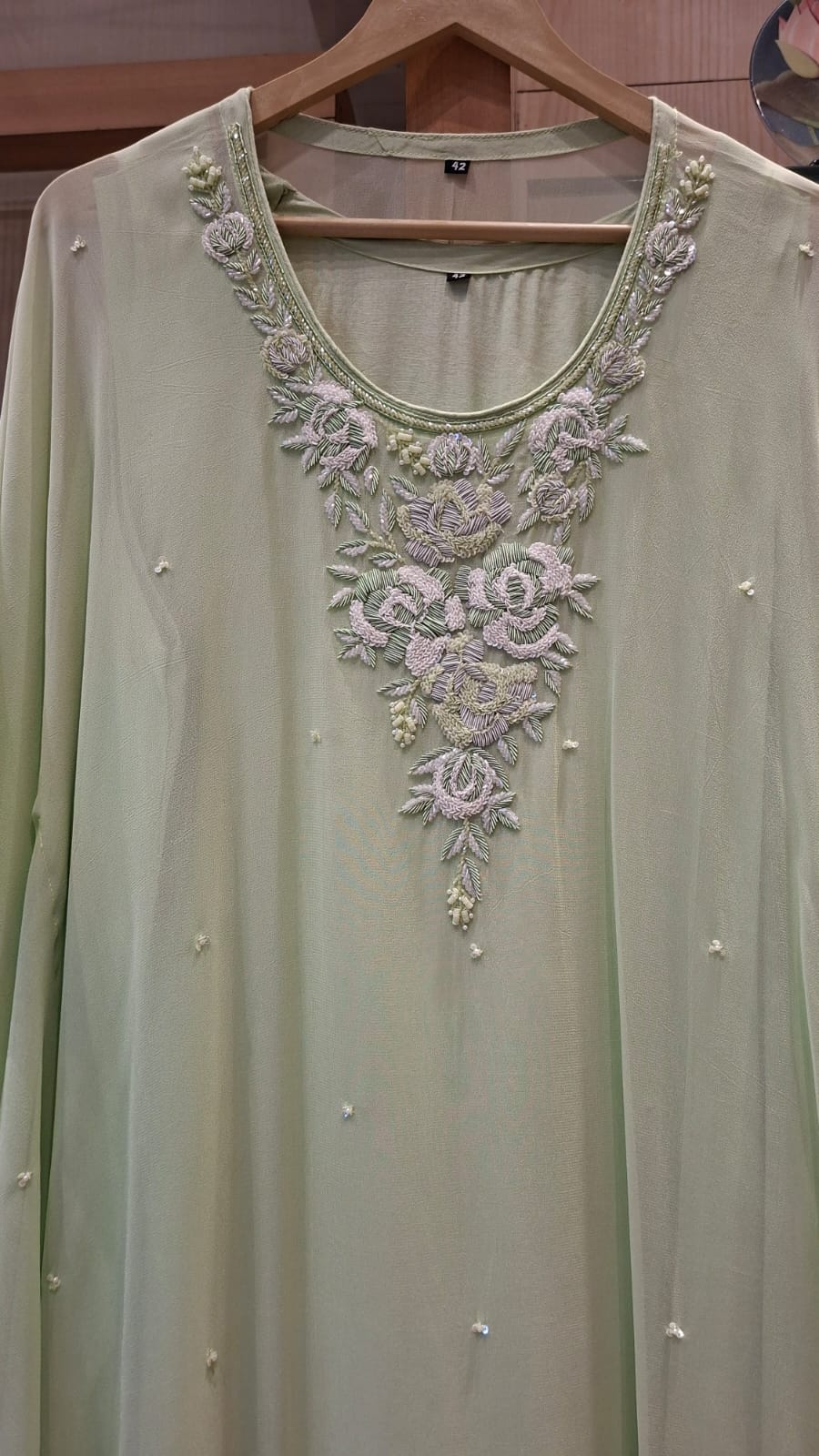 Rosé Mint Bloom Embroidered Georgette Kaftan - J.BEHARI