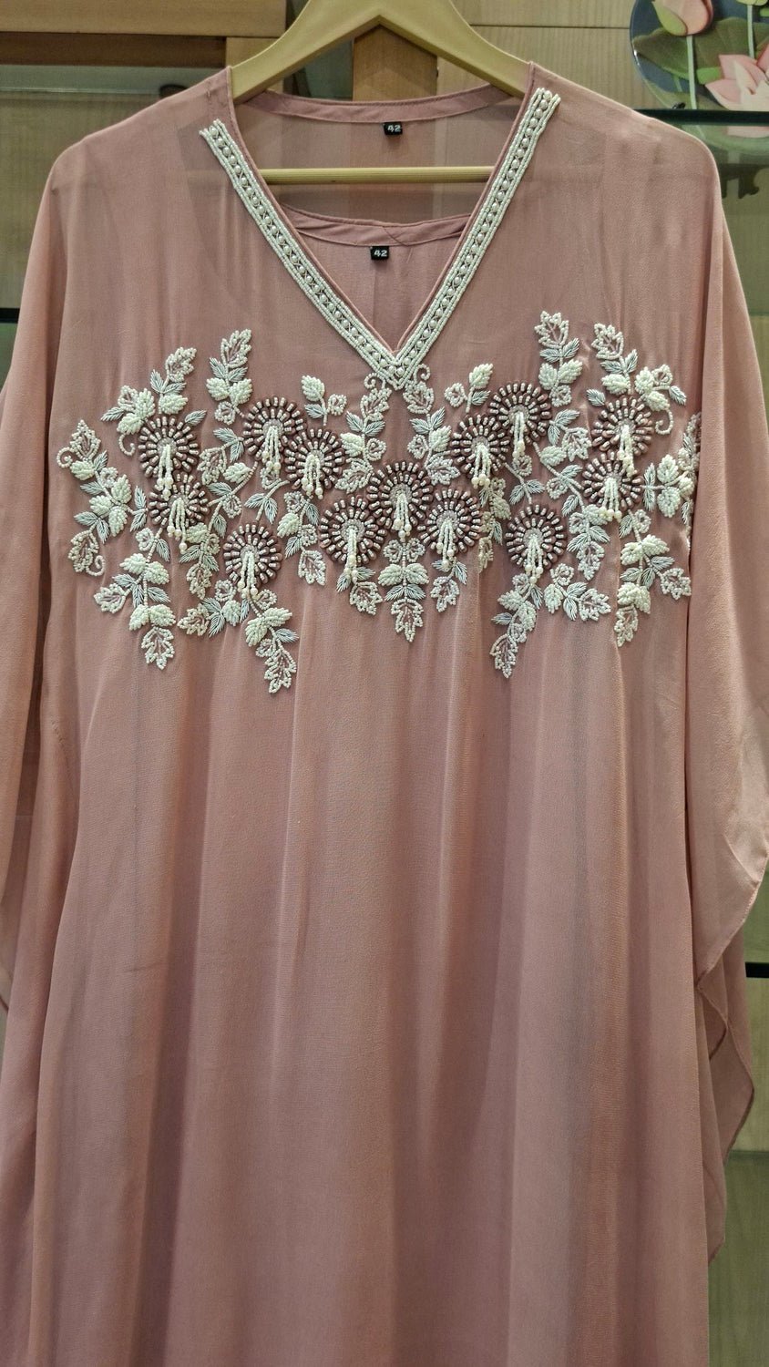 "Rosé Whisper Embroidered Georgette Kaftan" - J.BEHARI