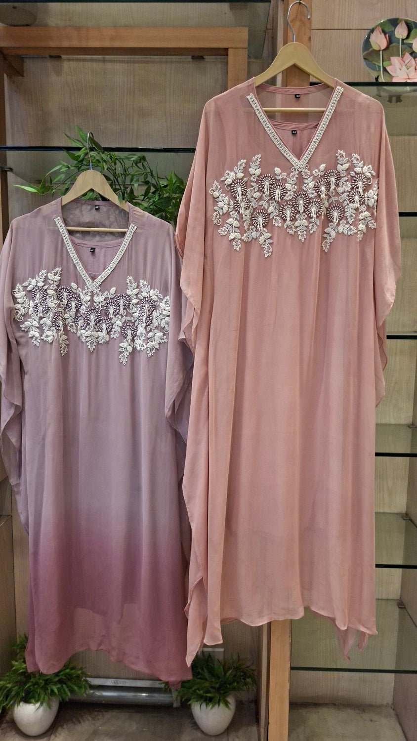 "Rosé Whisper Embroidered Georgette Kaftan" - J.BEHARI