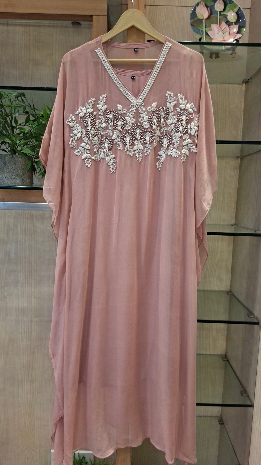 "Rosé Whisper Embroidered Georgette Kaftan" - J.BEHARI
