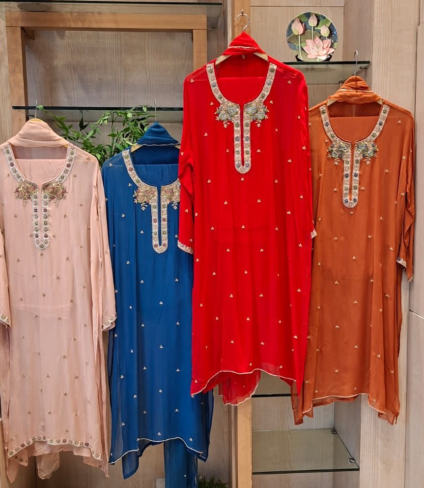 Ruhani – Zardozi & Cutdana Embroidered Georgette Semi-Stitched Suit Set - J.BEHARI