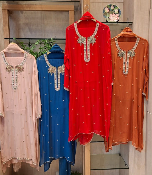 Ruhani – Zardozi & Cutdana Embroidered Georgette Semi-Stitched Suit Set - J.BEHARI