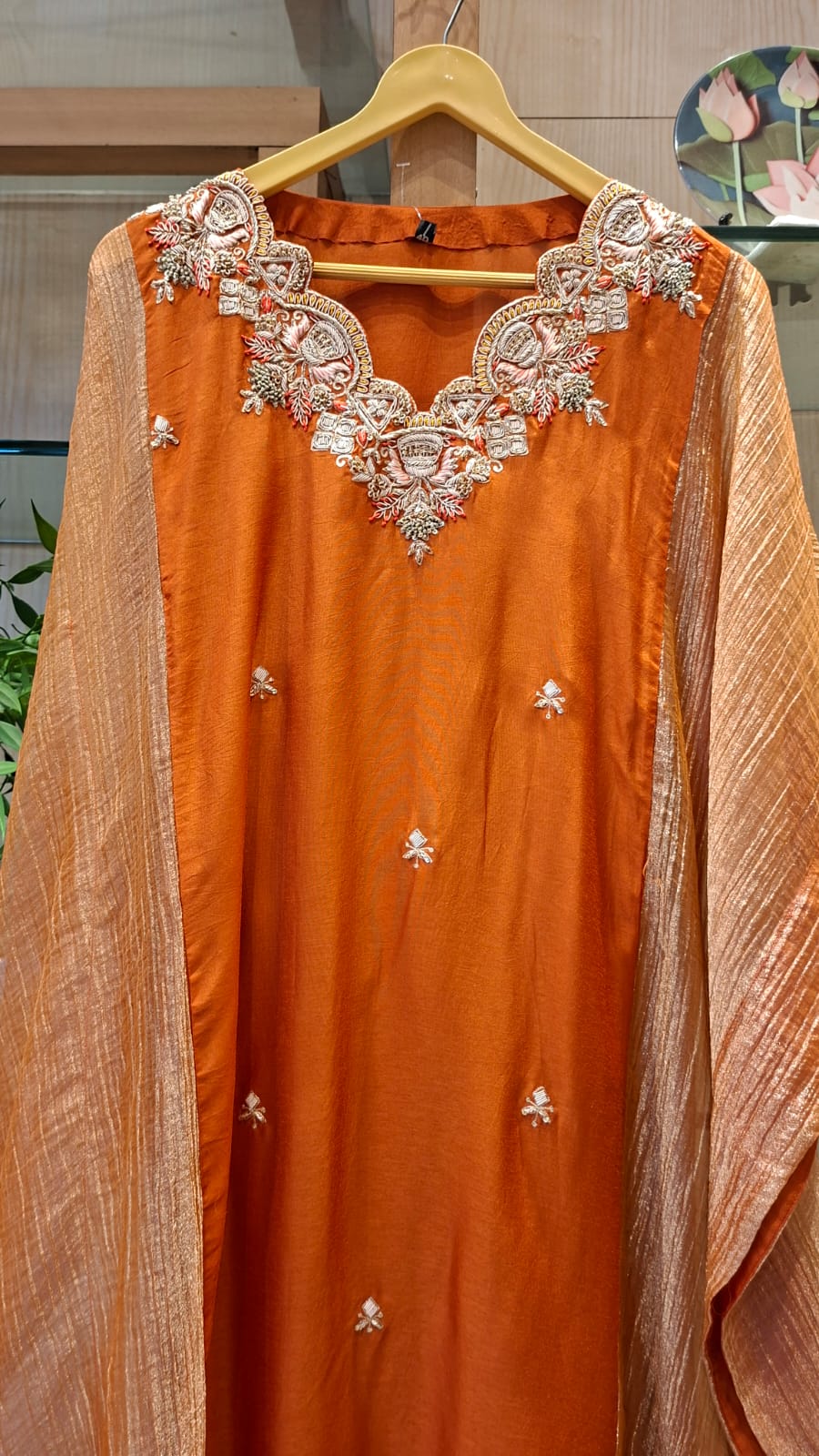 Rust Orange Embroidered Kaftan - J.BEHARI