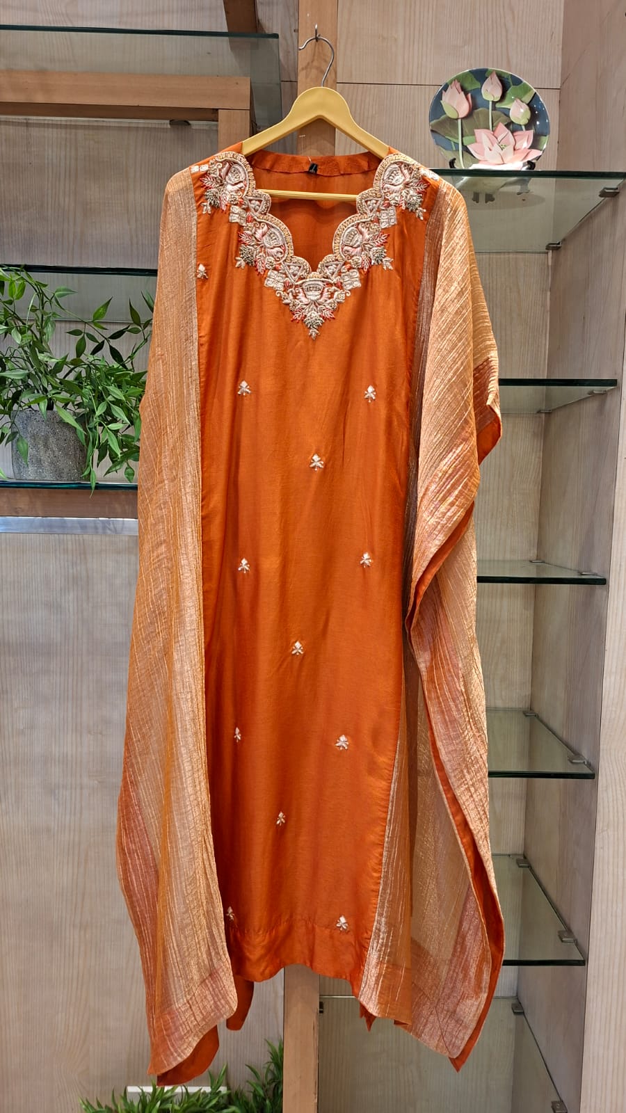 Rust Orange Embroidered Kaftan - J.BEHARI