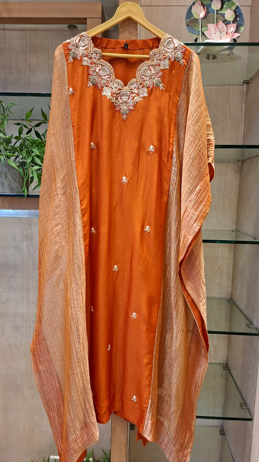 Rust Orange Embroidered Kaftan - J.BEHARI