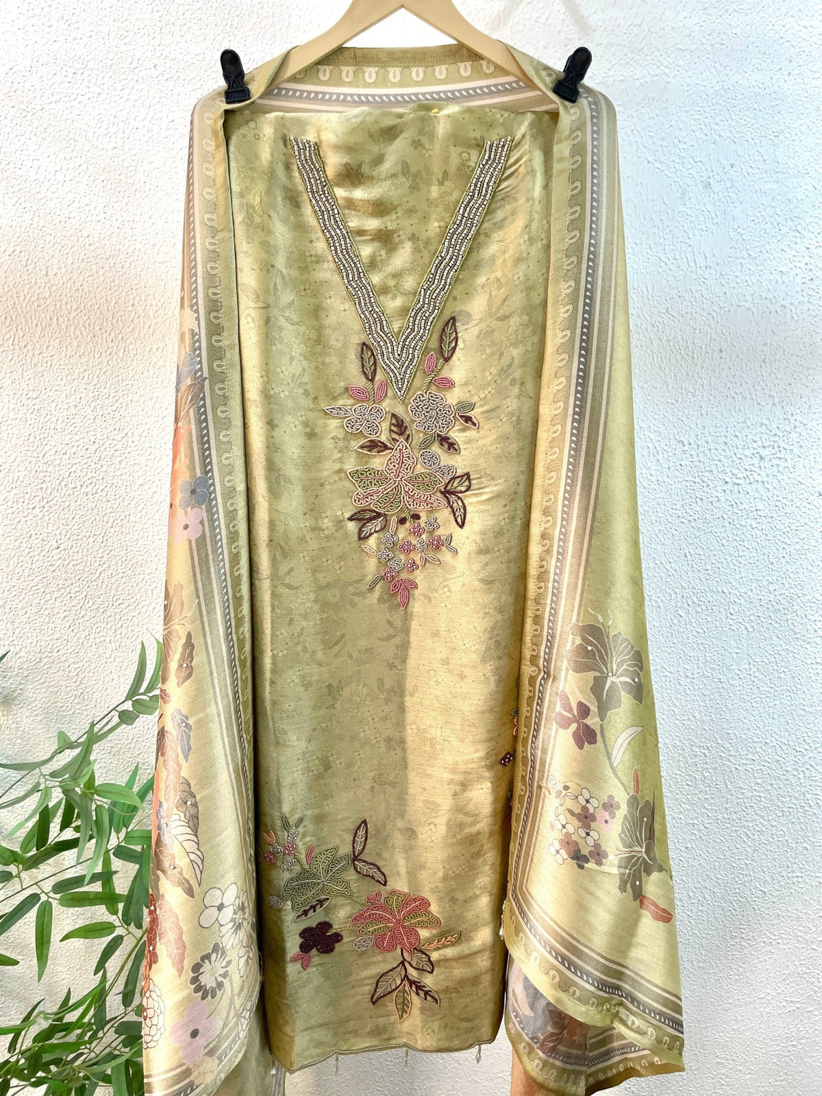 Unstitched Silk Pearl & Sequins Suit Piece - J.BEHARI