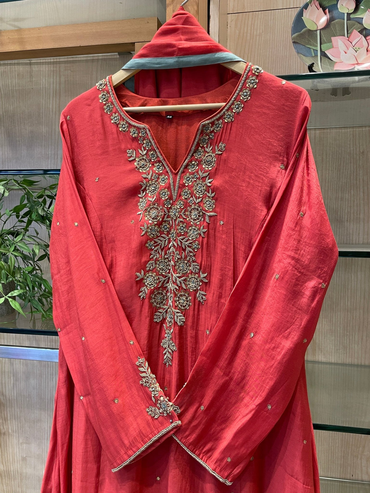 V-Neck Zardozi Mul Chanderi Stitched Suit Set - J.BEHARI
