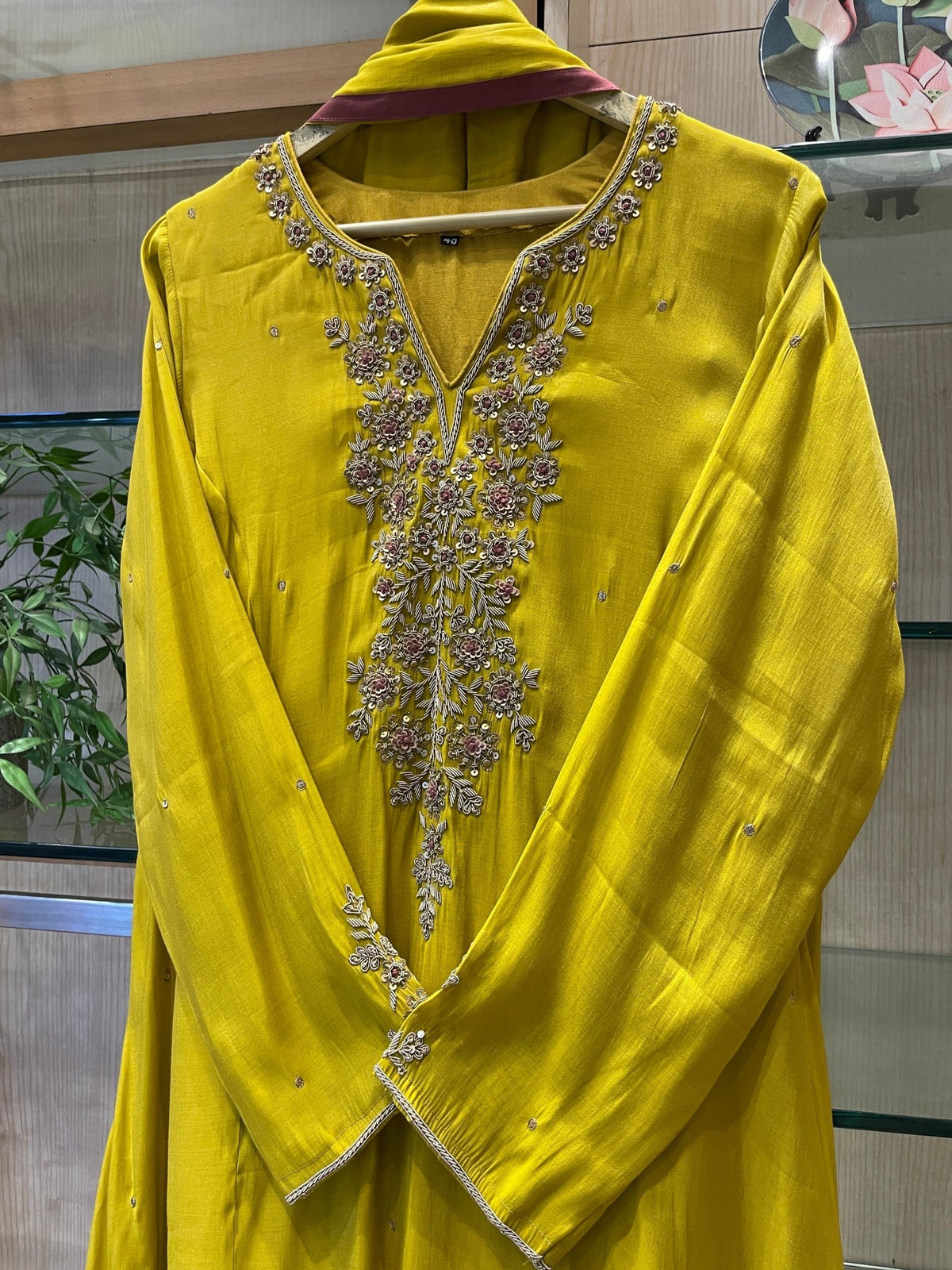 V-Neck Zardozi Mul Chanderi Stitched Suit Set - J.BEHARI