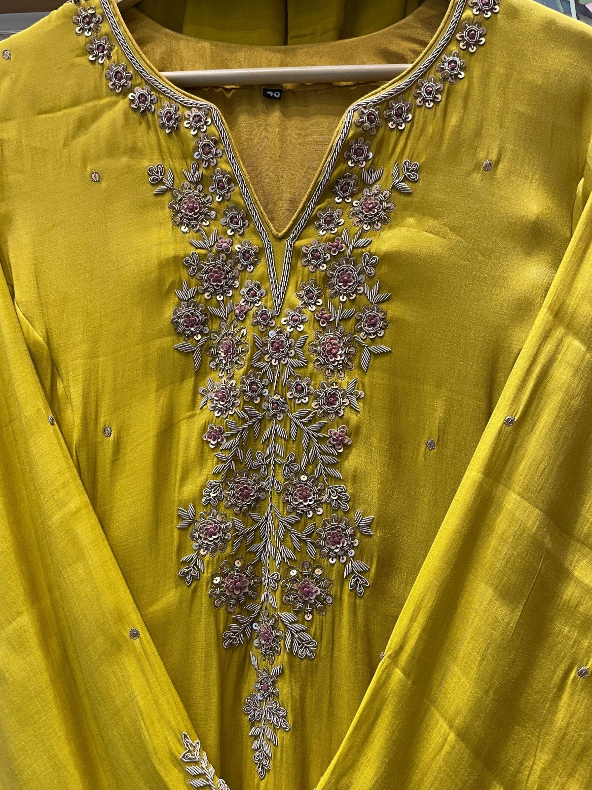 V-Neck Zardozi Mul Chanderi Stitched Suit Set - J.BEHARI