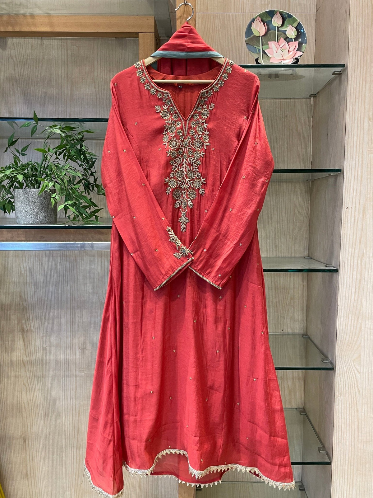 V-Neck Zardozi Mul Chanderi Stitched Suit Set - J.BEHARI