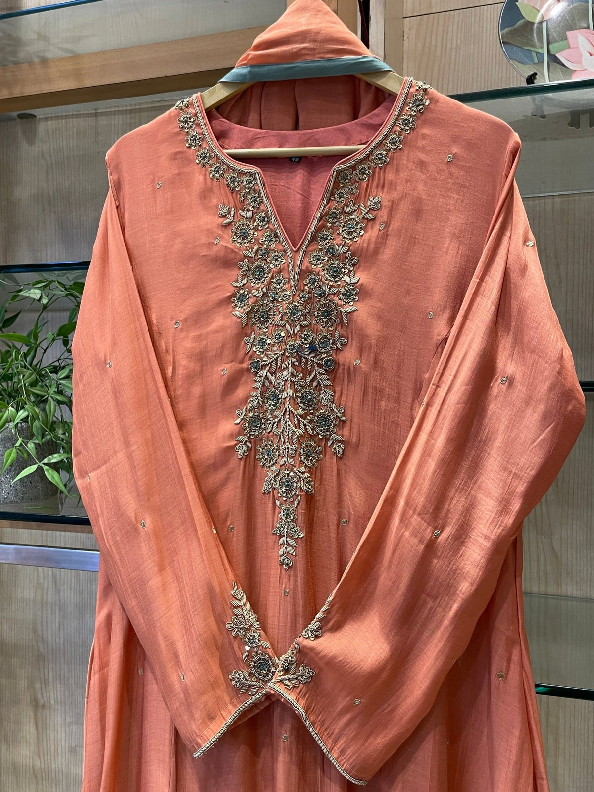 V-Neck Zardozi Mul Chanderi Stitched Suit Set - J.BEHARI